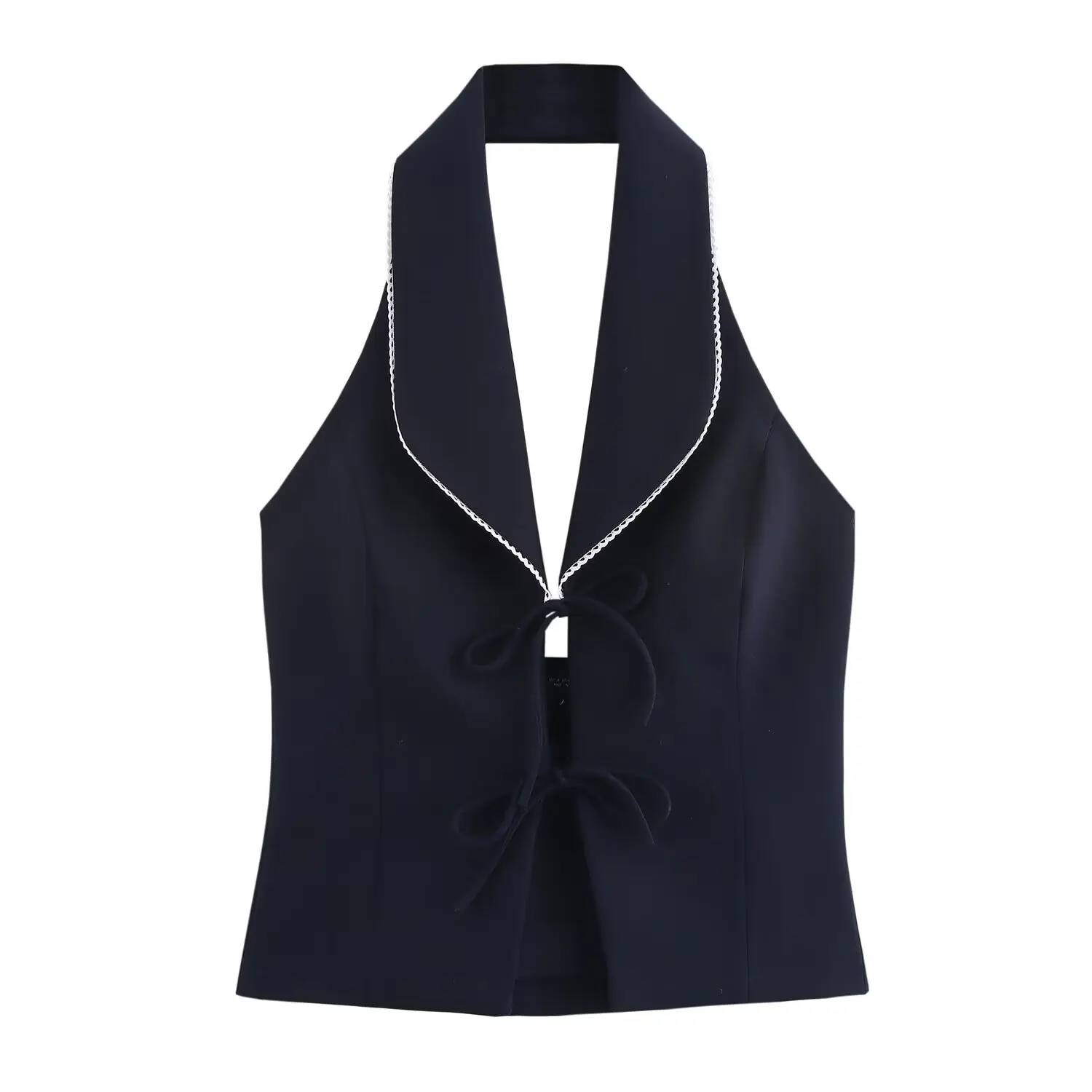 

TRAFZA Women's Street Style Backless Tank Tops Navy Blue Turn-Down Collar Sleeveless Bow Lace Up Women Summer Fashion Vests Top