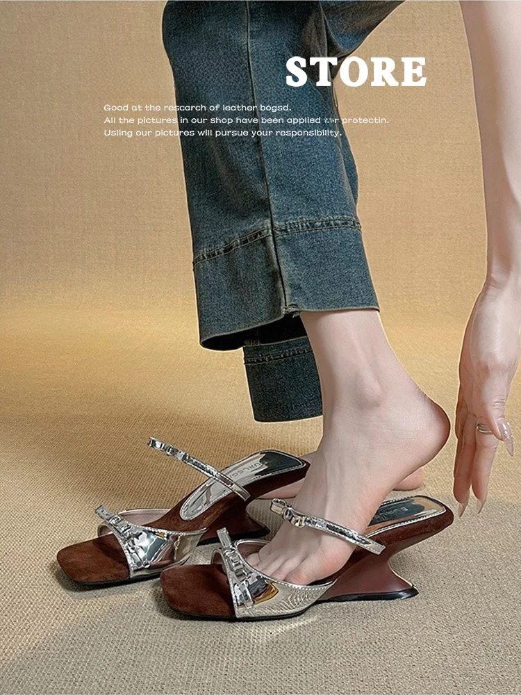 Elegant Silver  Knot Slope Heel Sandals Women's Summer 2026 New Fashion High-End Fairy Style High Heel Slip-On Shoes