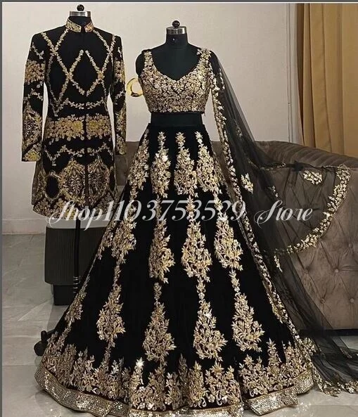 Luxury Middle East Evening Black Indian Saree Gold Beaded Applique Women\'s Two Piece Exquisite Bridal Dresses vestidos de fiesta