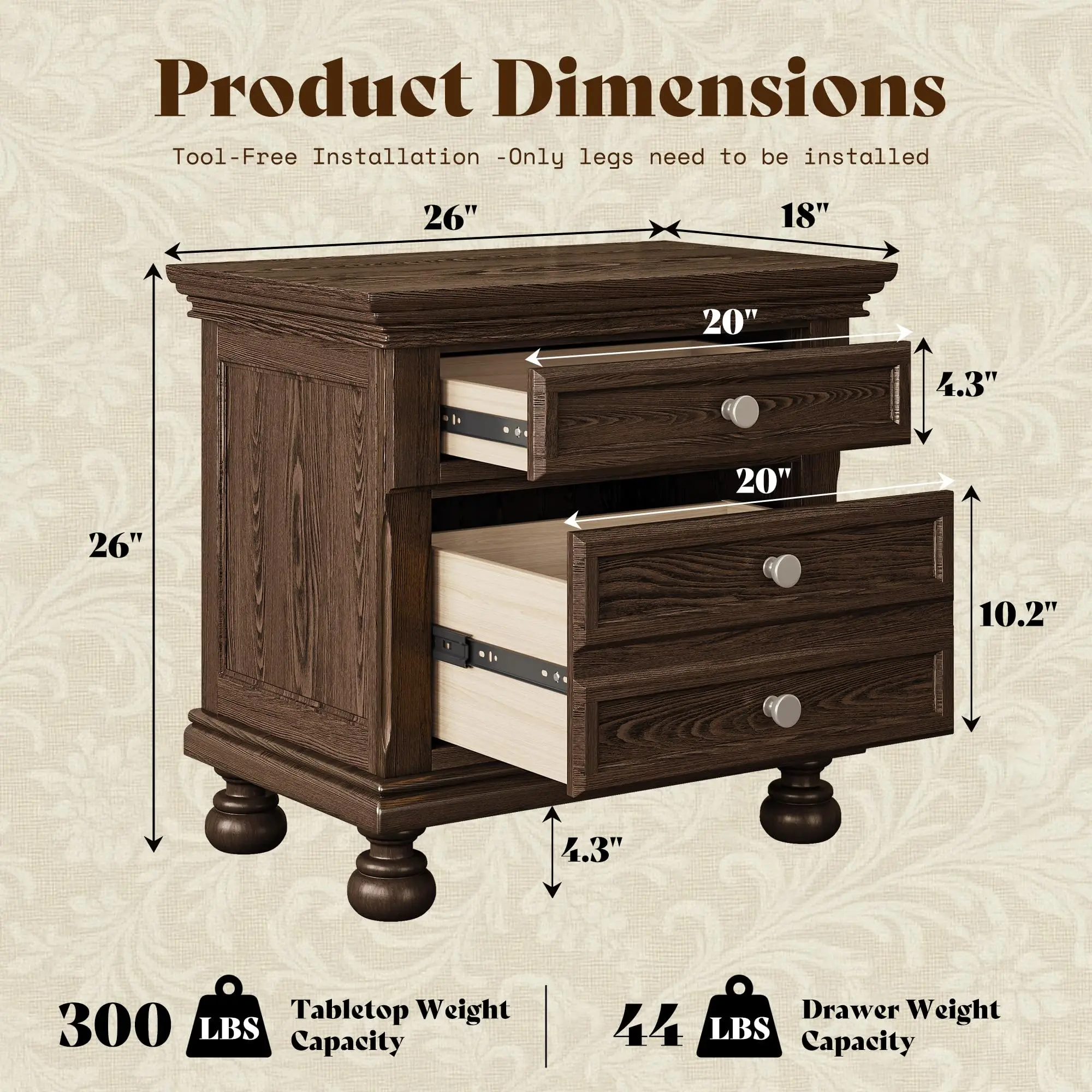 Fully Assembled Nightstands Set of 2, Solid Wood End Tables