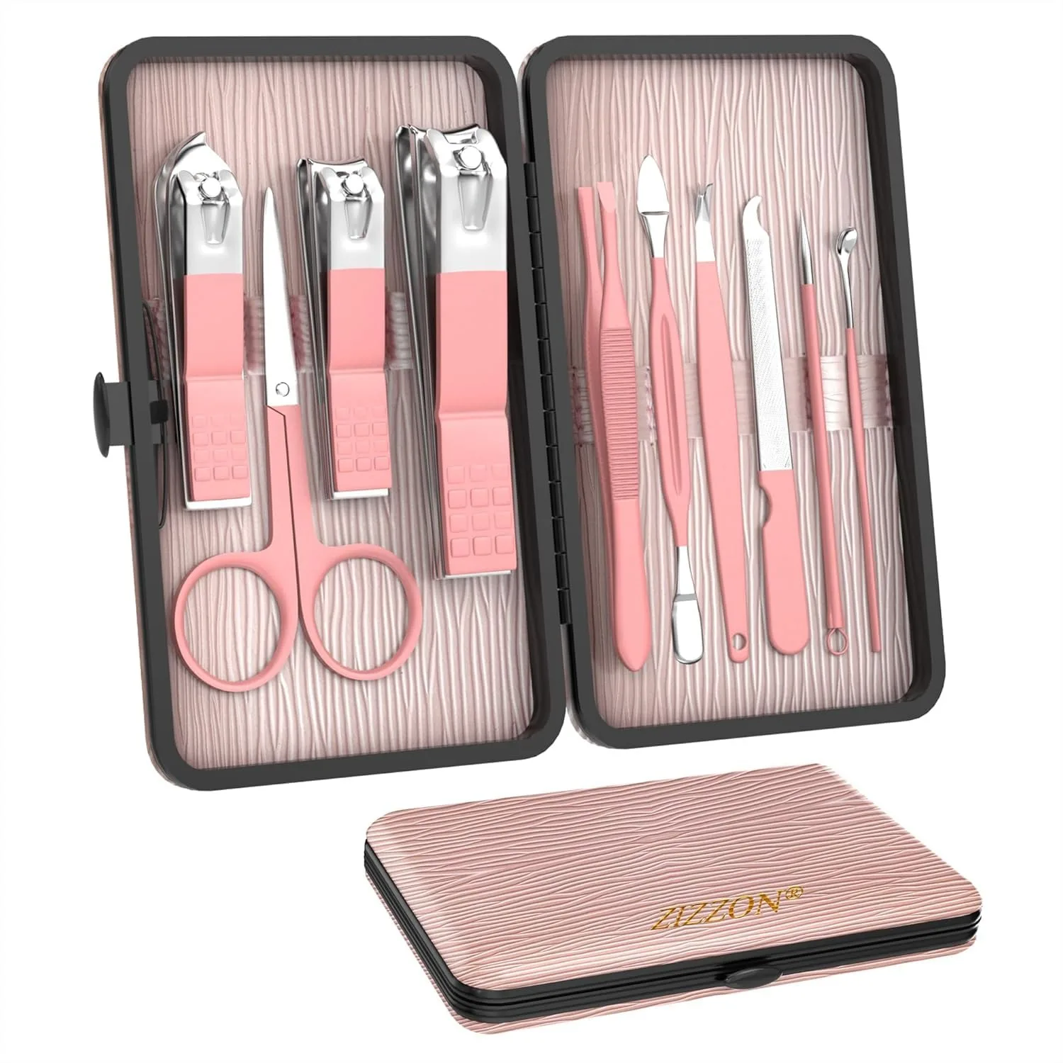 

Travel Mini Manicure Set 10 in 1 Stainless Steel Nail Clipper Pedicure Grooming Kit with Case Pink
