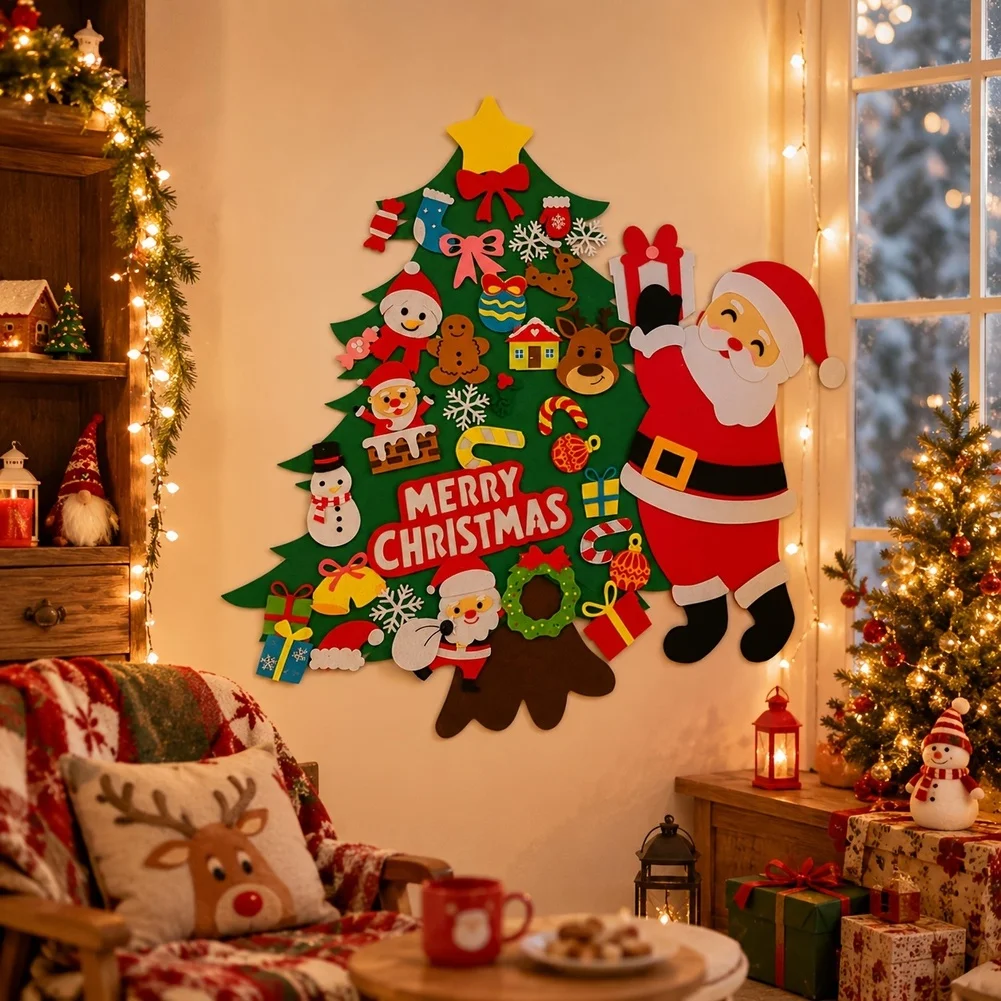 DIY Felt Christmas Tree Wall Decoration Set With Santa Snowman Reindeer Ornaments For Holiday Party Home Decor 90x100cm