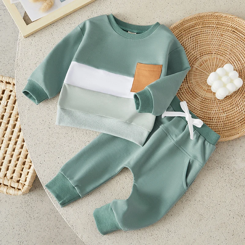 Suefunskry Toddler Boys Fall Outfits Contrast Color Crew Neck Long Sleeve Sweatshirts and Long Pants 2Pcs Clothes Set 0-3Years