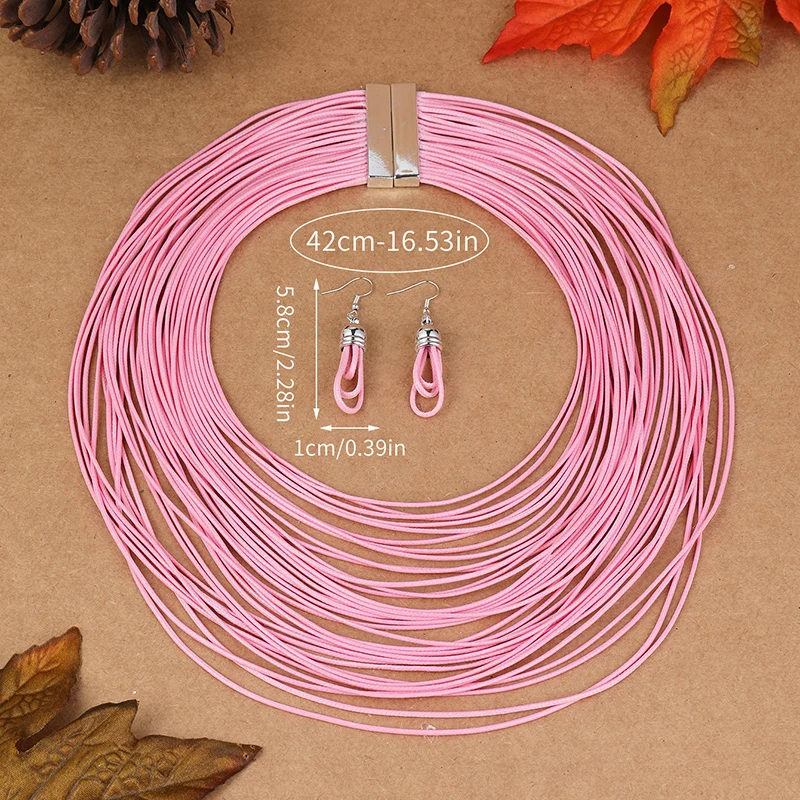 Colorful Multi-layer Leather Cord Wax Rope Chain Necklace Jewelry Set  For Women String Cord Necklace Earrings Set Jewelry Gifts