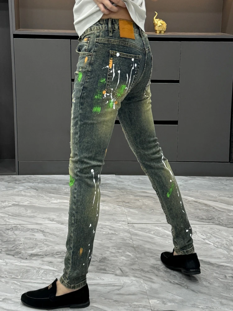 

Роскошные мужские джинсы Slim Fit, модные весенние брюки с принтом в виде точек, универсальная повседневная одежда, устойчивая к износу, весна-лето-осень