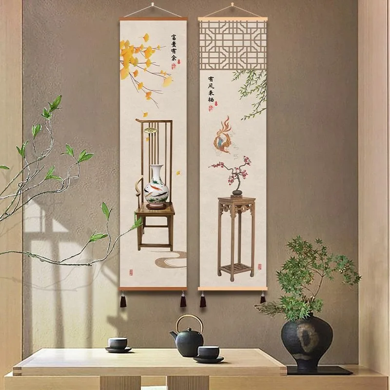Wabi-Sabi Zen Wall Scroll - Japanese Rock Ink Bamboo Art, Minimalist Asian Decor for Tea Room, Study, and Parlor