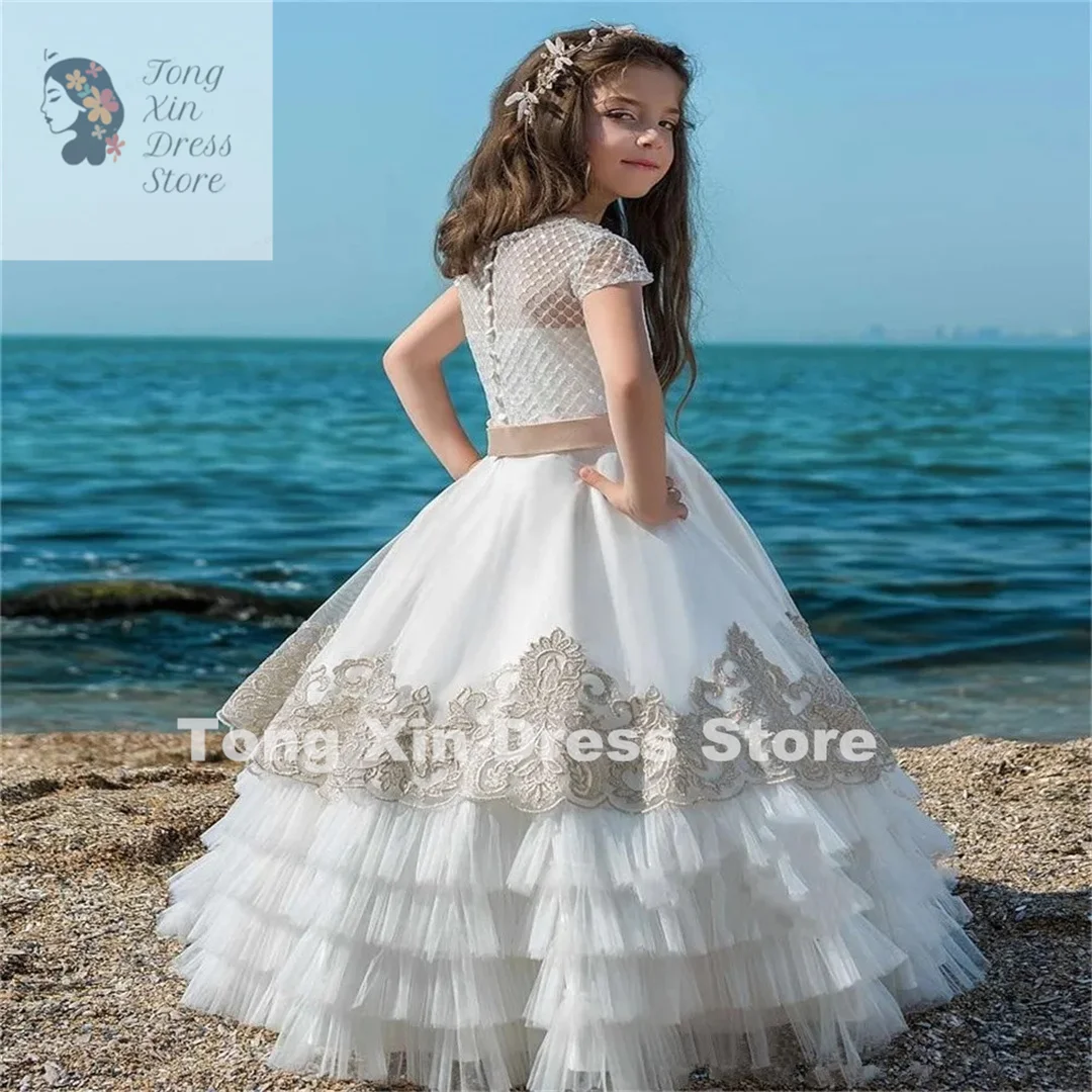 

Flower Girl Dresses A-line For Short Sleeves Tulle White Lace Applique First Communion Birthday Prom Party Wedding Girls Pageant