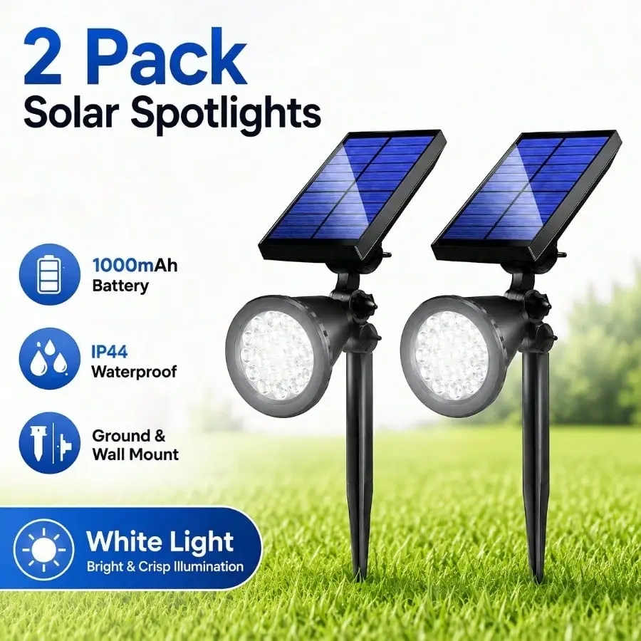 2 Pack 18 LED Solar Spot Lights Outdoor, 3 Color White Warm White Multicolor Landscape Spotlights, 1000Mah IP44 Garden Yard Pathway Lights for Christmas Halloween Outdoor Decorations