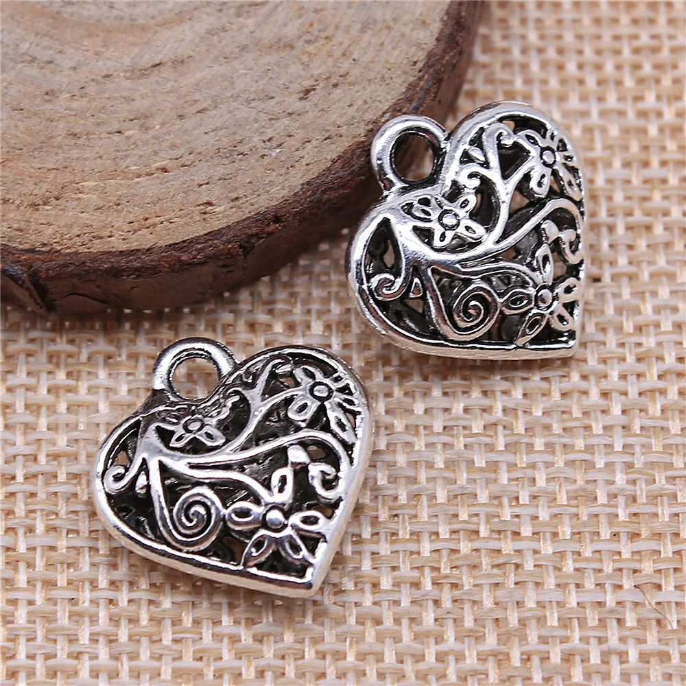 WYSIWYG 5pcs 20x21mm Charms 3D Hollow Carved Heart Antique Silver Color Metal Alloy Charms Jewelry DIY Accessories