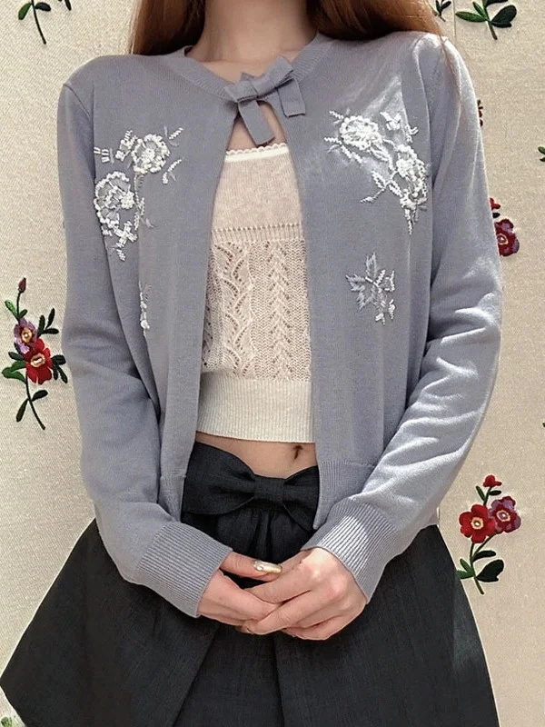

Elegant Long Sleeve Knitted Cardigan Handmade Bead Flowers Embroidery Sweet Style Loose Fit Polyester Fiber Spring Collection