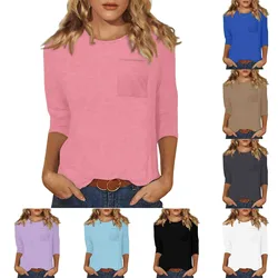 3/4 Length Sleeve Womens Tops Casual Loose Fit Crewneck T Shirts Cute Solid Three Quarter Length Tunic Tops