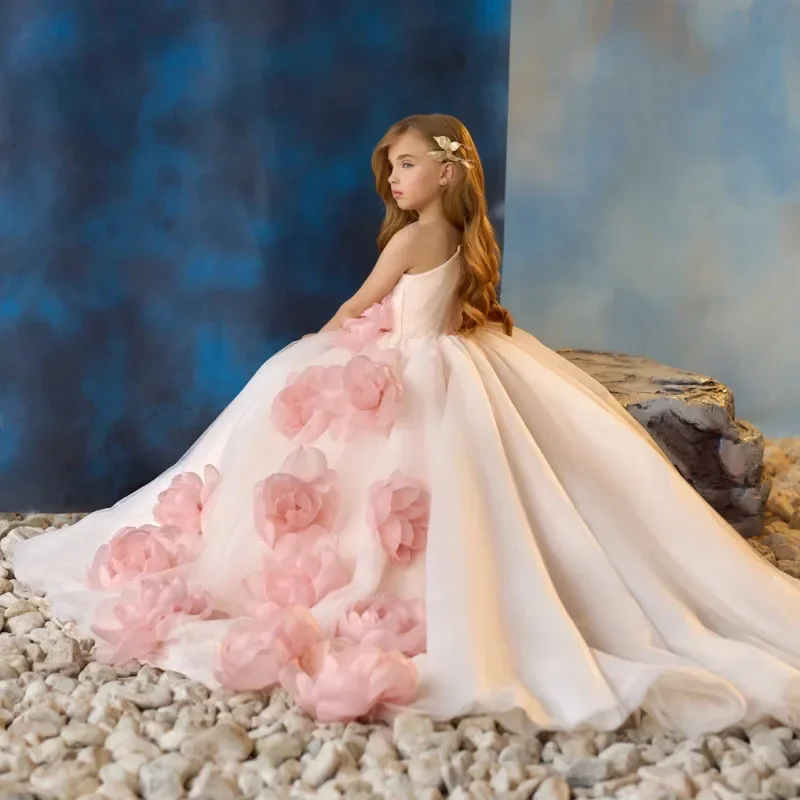 فستان فتاة الزهور JDY مخصص فستان تول وردي مع زهور طازجة بكتف واحد لحفلات الزفاف وأعياد الميلاد وحفلات الأميرة #2