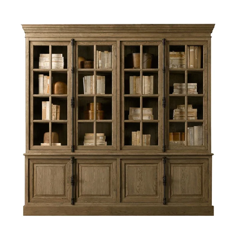 Solid Wood Bookcase   Glass Door Household Bookshelf Dustproof Floor Wall Locker Modern Simplicity American Western Style