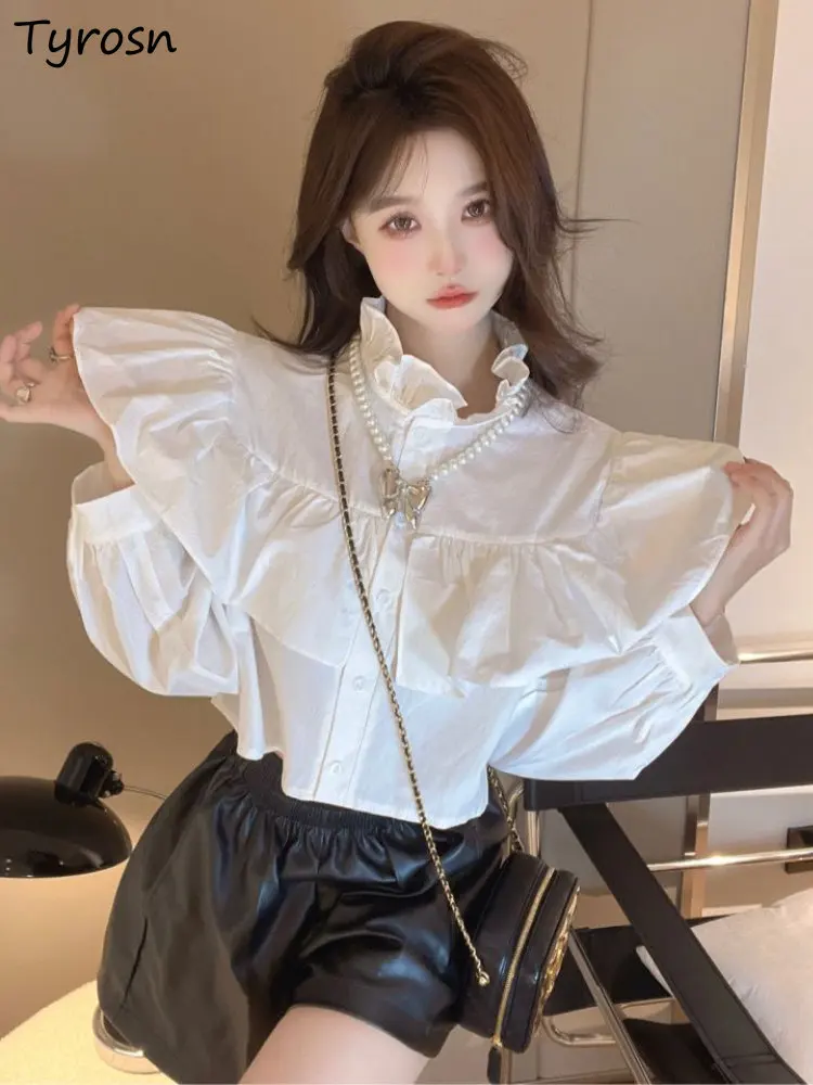 Shirts Women Ruffles Design Simpel Pure Sweet Elegant Retro Fashion Korean Style Daily Spring Casual Ladies All-match Creativity