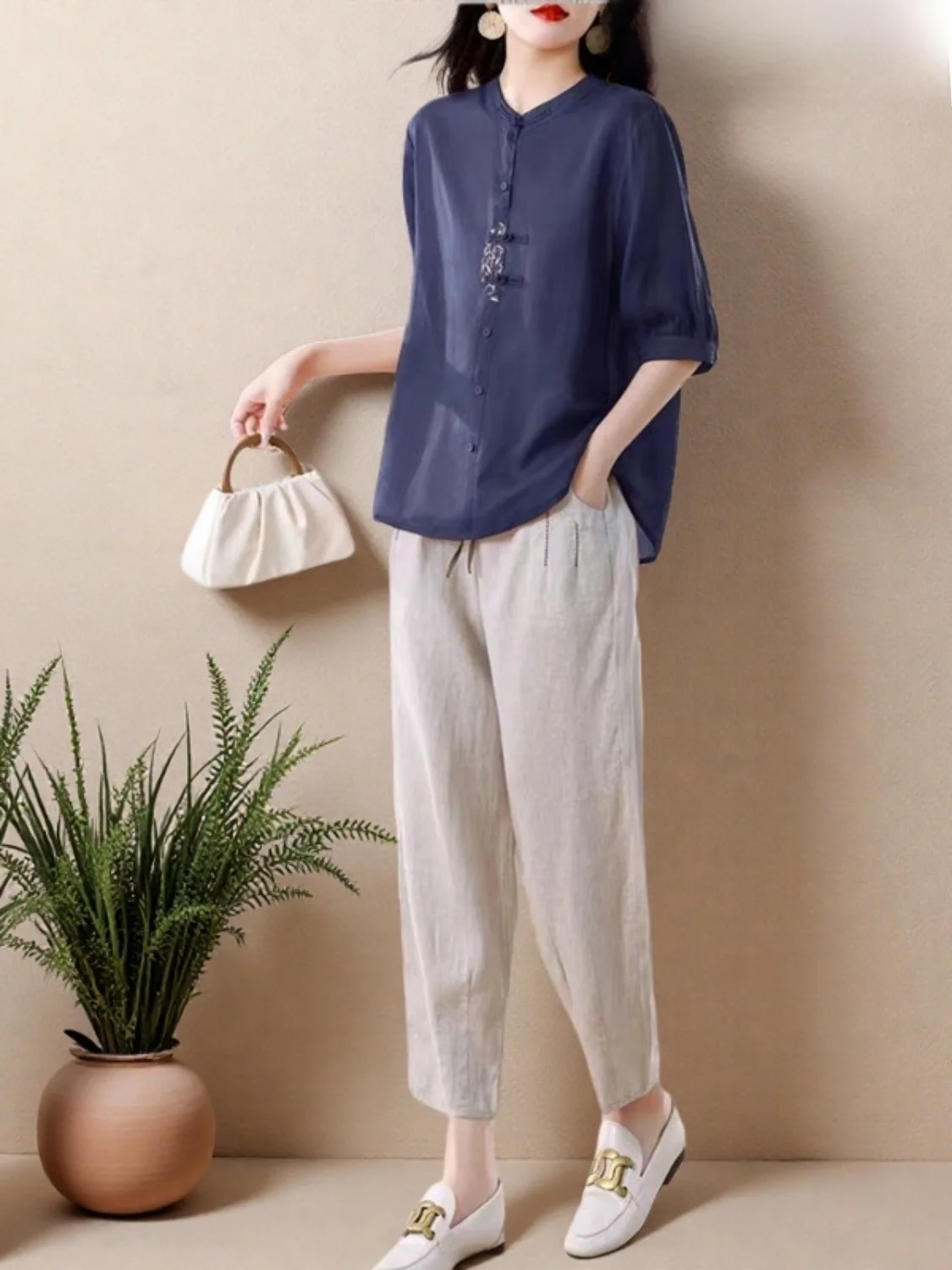 

Женский летний модный льняной комплект: укороченный топ с вышивкой и облегающие брюки из хлопка и льна, винтажный стиль