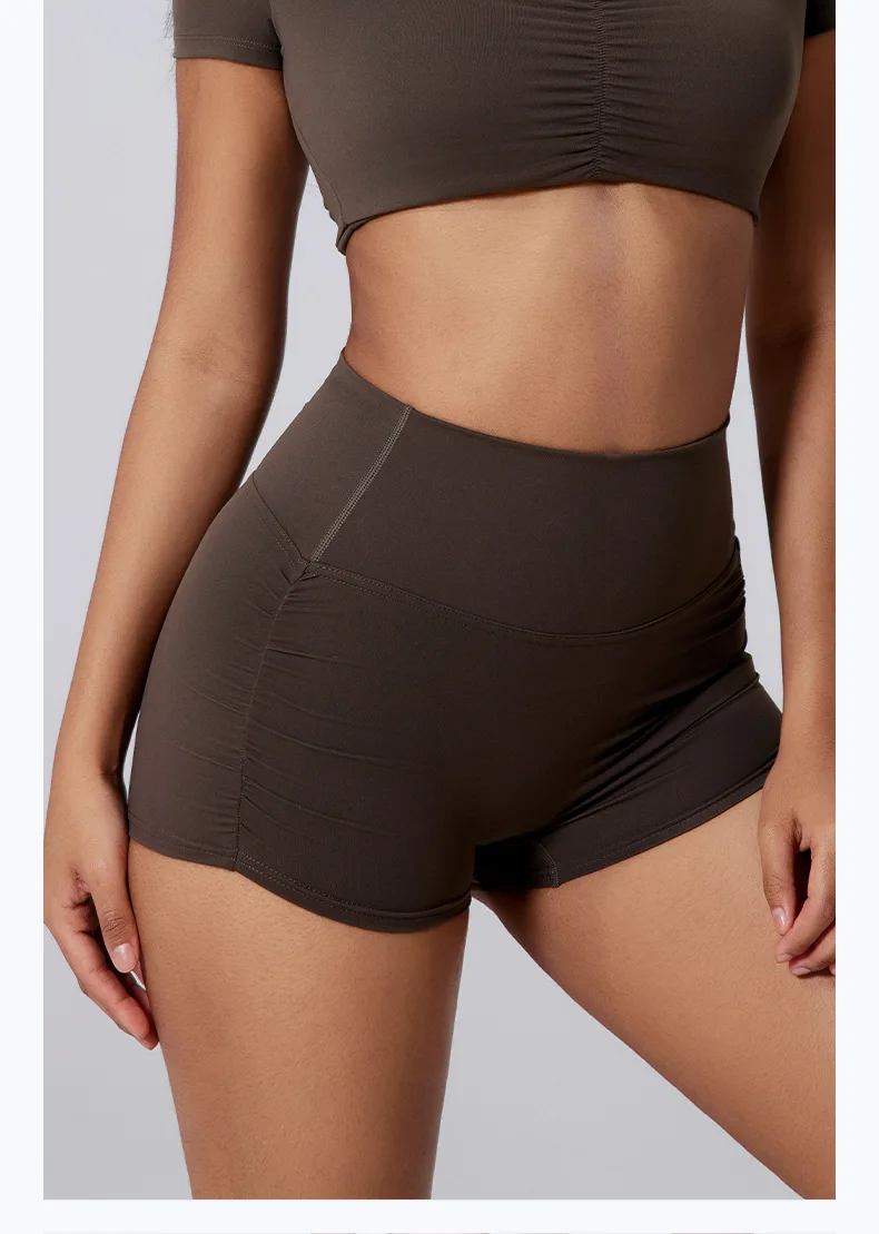 

Женские двойные плиссированные персиковые шорты на бедрах для фитнеса, скульптурная талия, удобные повседневные штаны