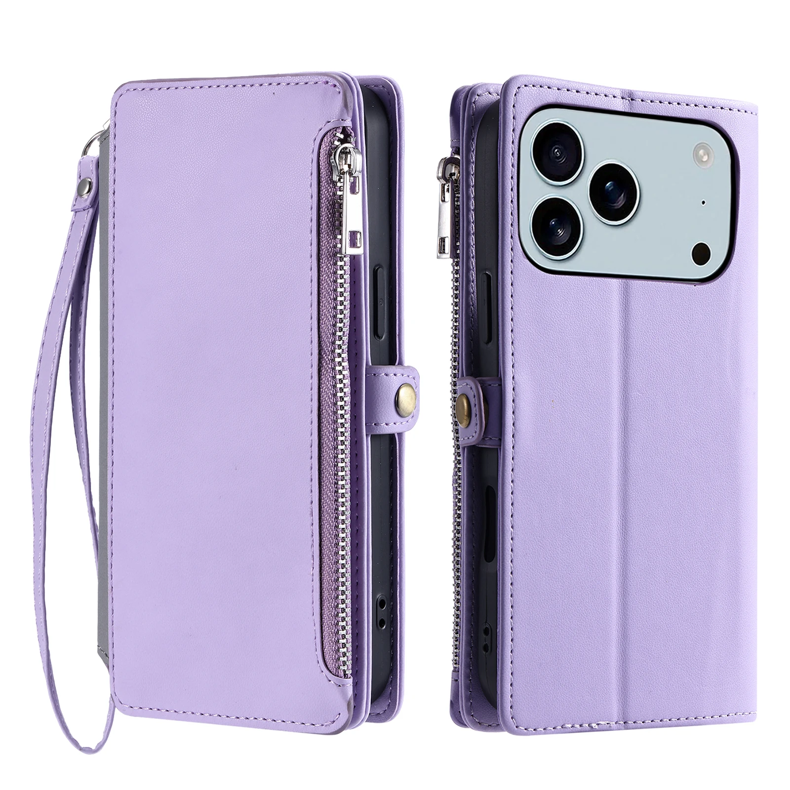 Funda con tapa de cuero tipo billetera Solt con tarjetas y cremallera para iPhone 17 Pro Max Air 16 15 Plus 14 13 12 11 SE 2022, funda con correa de mano para teléfono