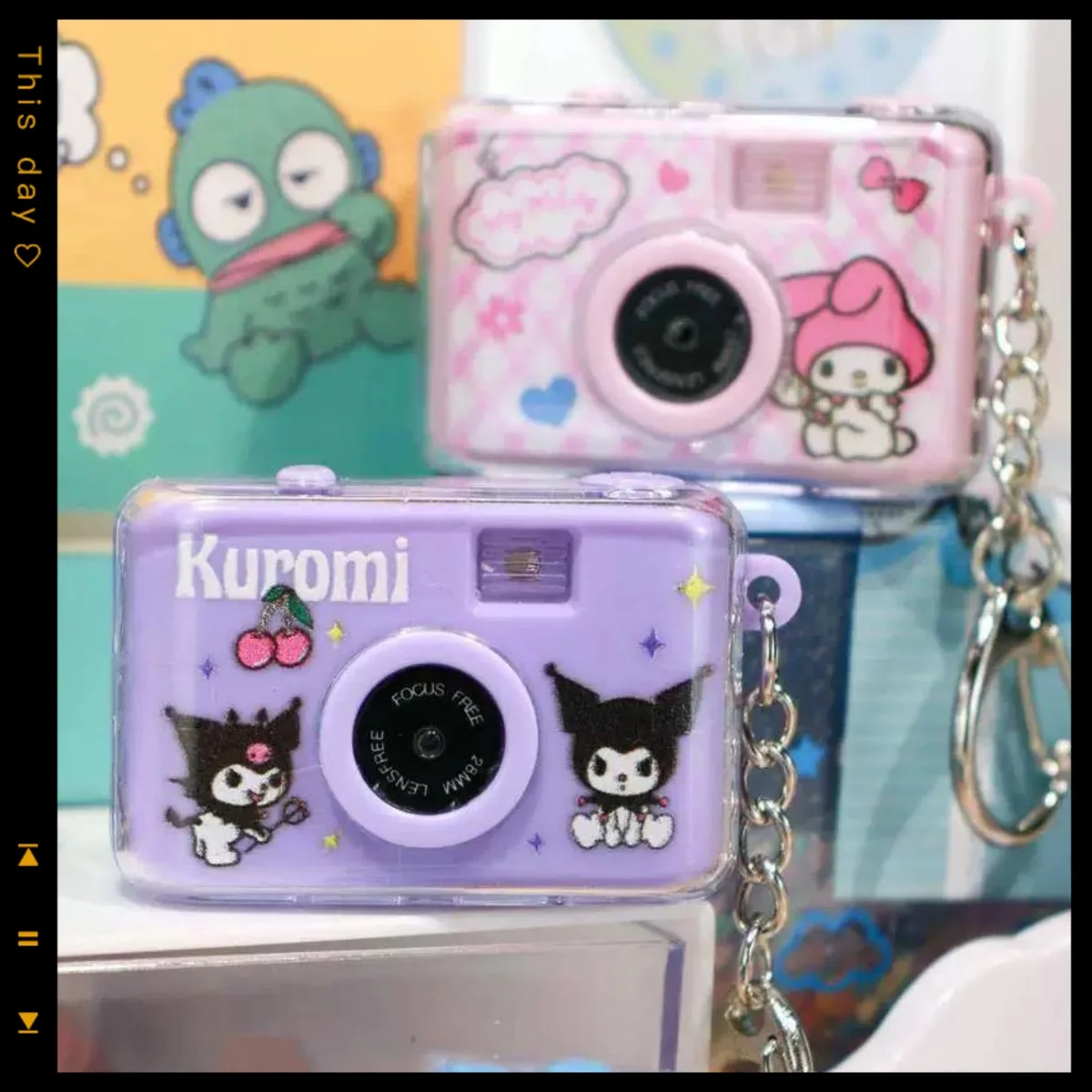 

Kawaii sanrio anime peripherals small camera toy ornaments cinnamon dog glow bag keychain kuromi Melody cute birthday gift