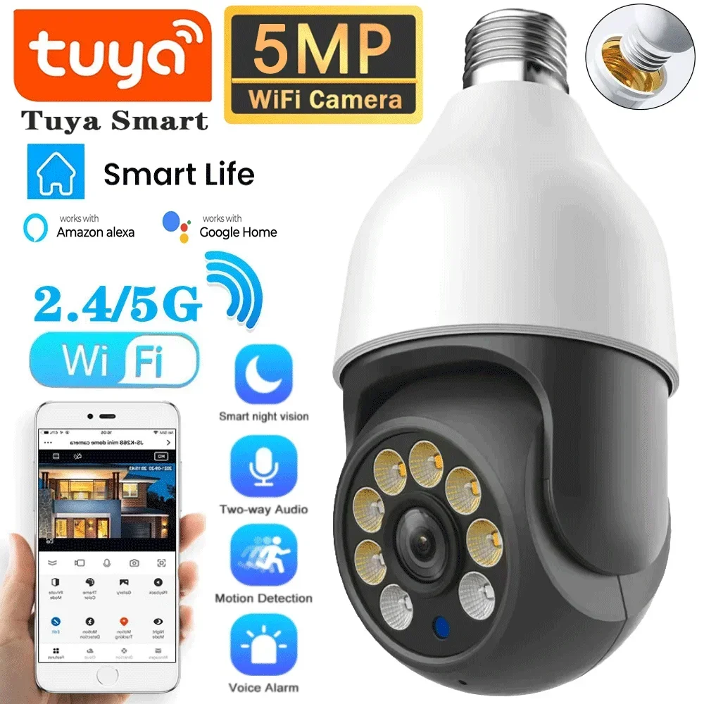 lampada e27 wifi camera tuya inteligente 5mp ptz ip camera de vigilancia dome ao ar livre cor cheia visao noturna seguranca protecao 5g 01