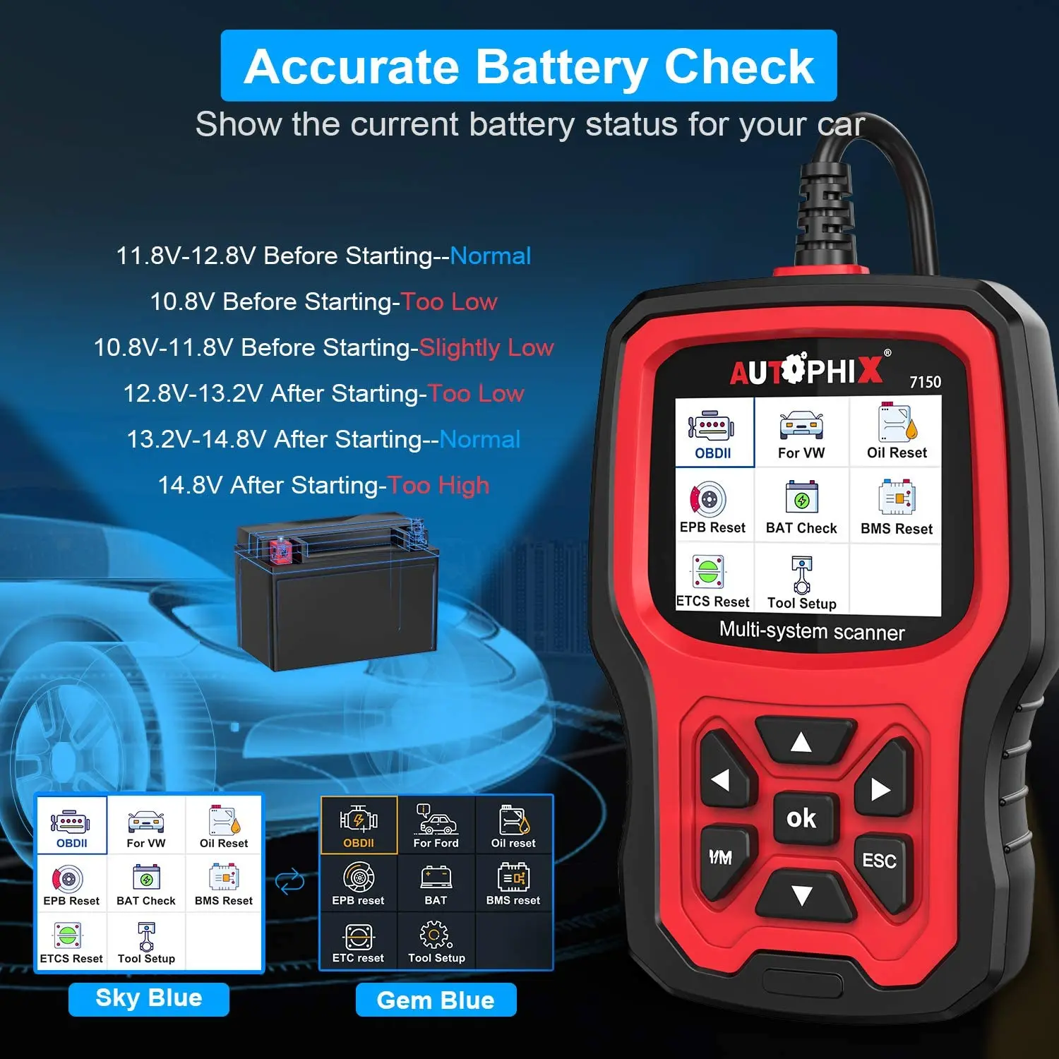 Autophix 7150 OBD2 Automotve Scanner For Ford Professional Code Reader EPB TPMS ETC Reset Battery Detect Analyzer Car Diagnostic