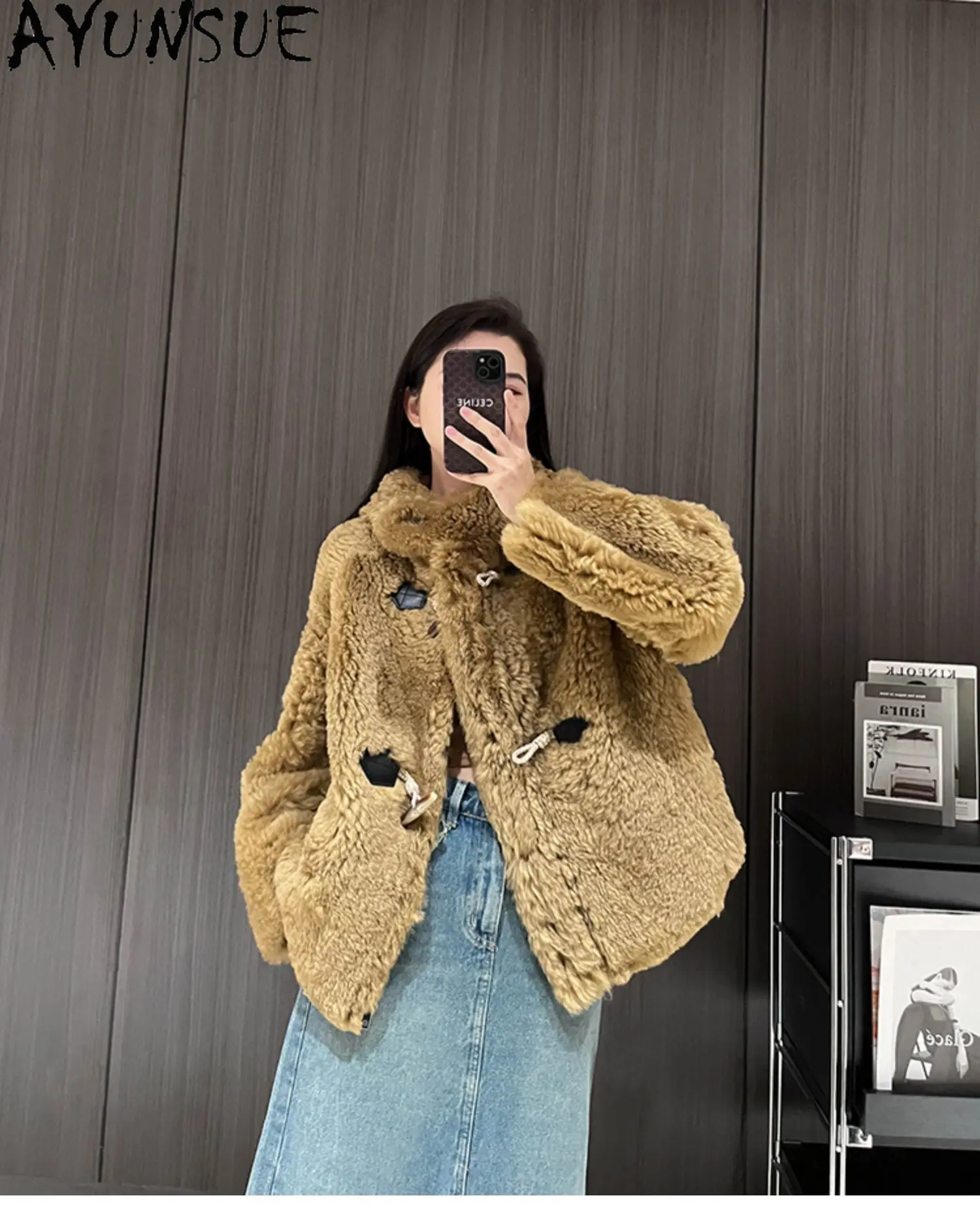 AYUNSUE Hooded Shearlingแจ็คเก็ตผู้หญิงขนสัตว์ธรรมชาติ 100% แจ็คเก็ตผู้หญิงเสื้อผ้าหลวมอเนกประสงค์เสื้อขนสัตว์ 2025 Abrigo Mujer