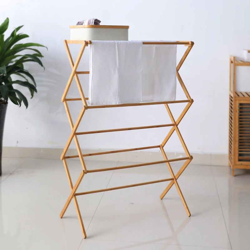 

Floor to floor clothes rack, foldable towel rack, bamboo and wood rack, balcony indoor