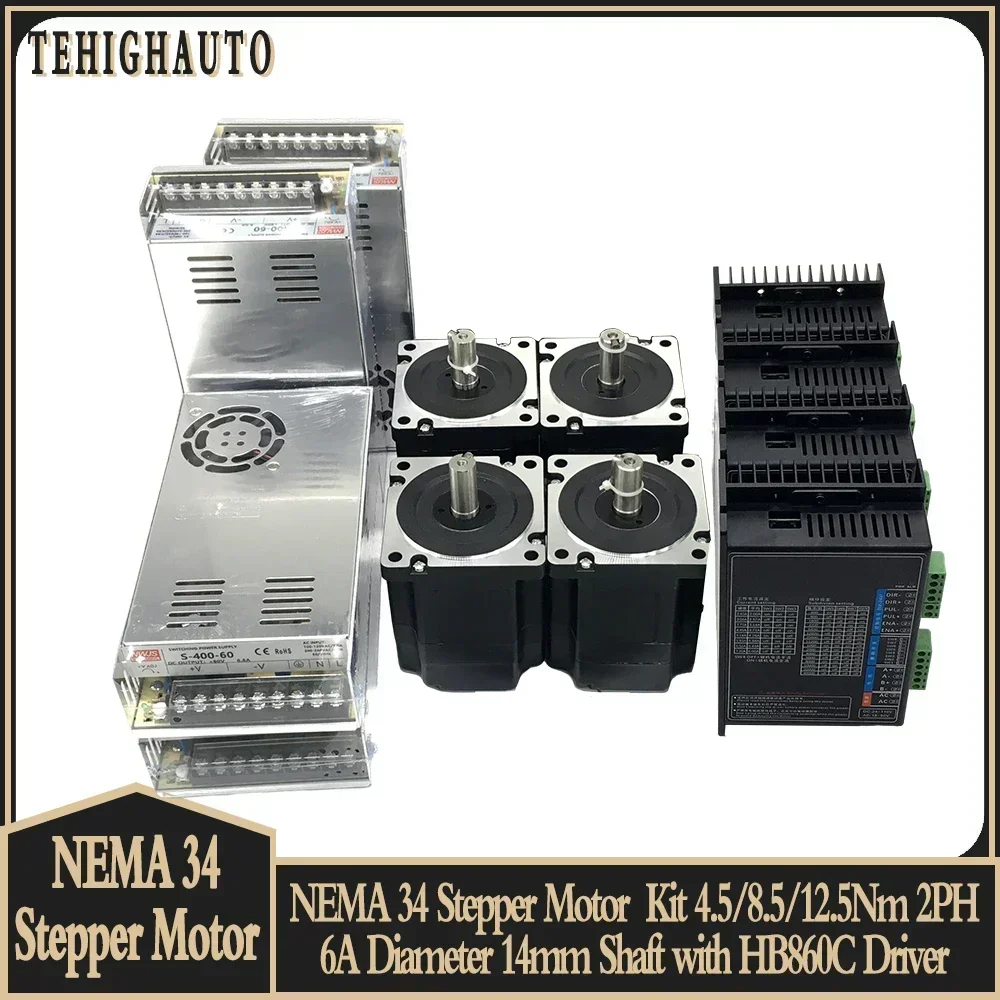 

Nema34 Stepper Motor Drive 400W Power Supply Kit 1-4 Axis 86 Motor 2PH 6A 14mm Shaft 4.5/8.5/12NM For CNC Engraving Machine