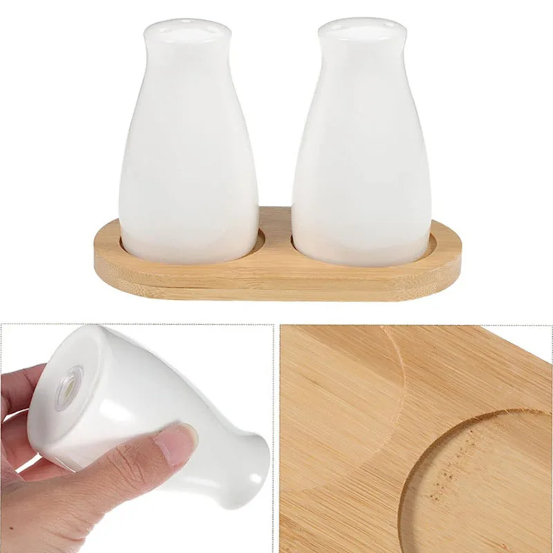 Ceramic Salt and Pepper Shakers Set with Bamboo Tray, Modern White Salt & Pepper Shakers Farmhouse Kitchen Table Decoration 2 PC