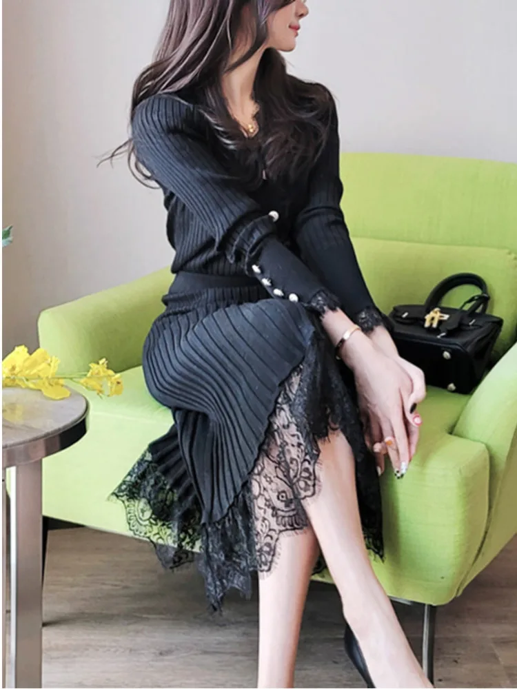 Korean Fashion Womens Knitted Skirts Suit V-Neck Lace Splicing Cardigan Sweater + Stretch Mid Length Skirt Female 2 Piece Set