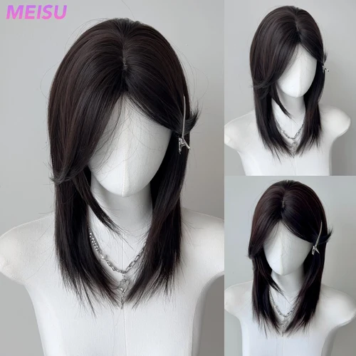 MEISU-peluca con flequillo blanco plateado sintético, 20 pulgadas, longitud recta, Unisex, fibra resistente al calor, Natural, para fiesta o Selfie