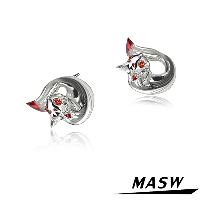 MASW Original Design Lovely Style High Quality Brass Thick Silver Plated Red Fox Clip Earrings For Women Girl Gift Trend Jewelry