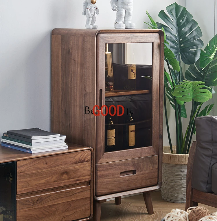 

North America Black Walnut Solid Wood Glass Door Side Cabinet Small Wine Cabinet Corner Nordic