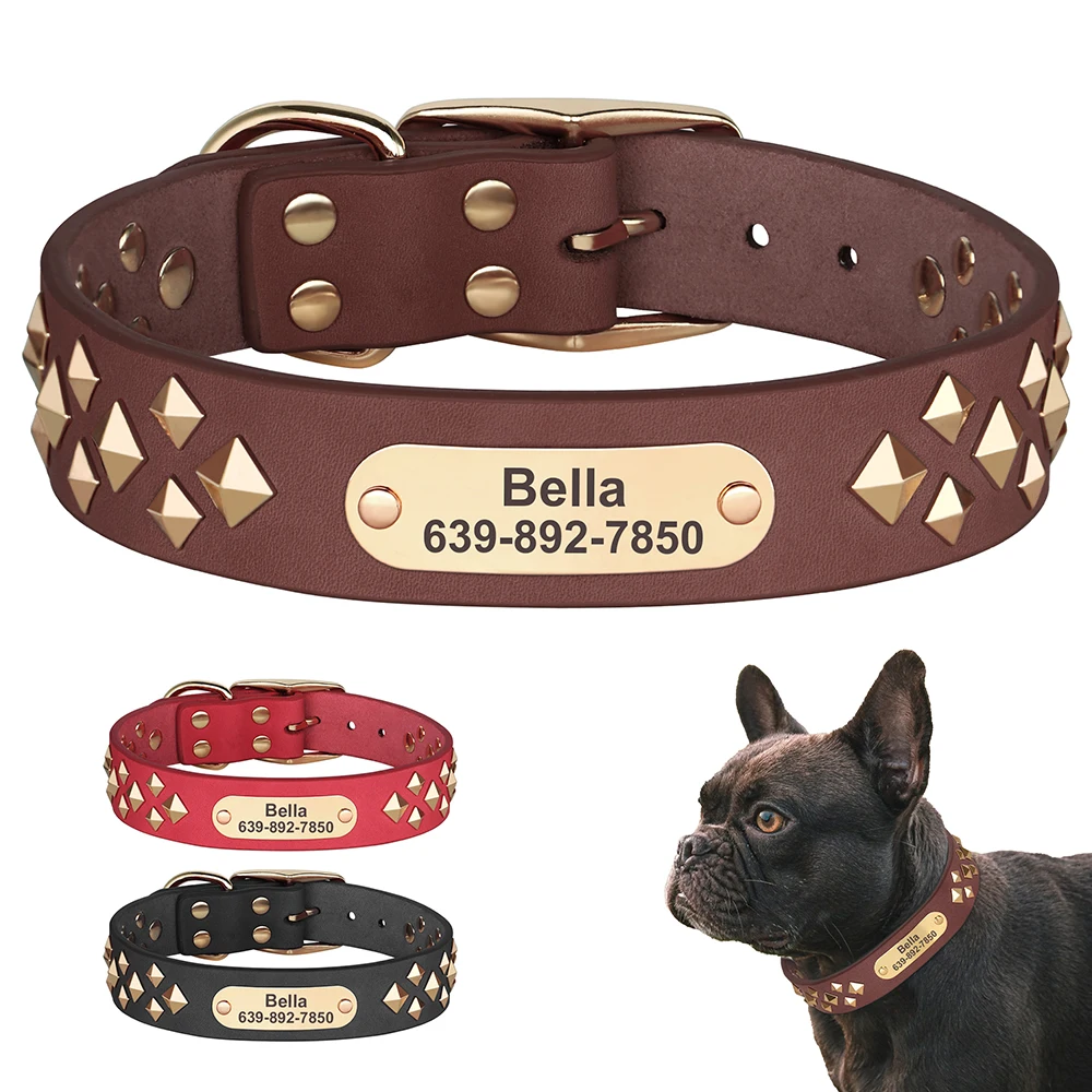 Genuine Leather Dog Collar Personalized Dog ID Collars Necklace Spiked Studded Real Leather Pet Collars for Small Large Dogs Pug