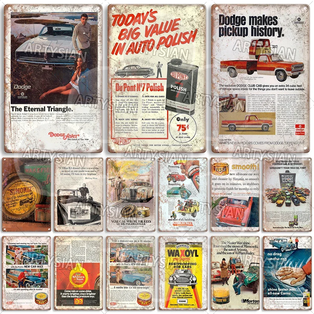Automobile Metal Sign Car Truck Van Pickup Bus Ads Metal Plaque Polish Simoniz Vista Armor All Waxoyl Turtle Auto Wax Johnson's