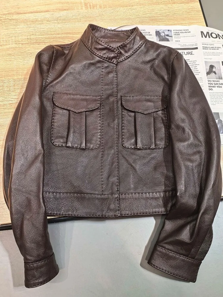 Leisure Style Ladies Handmade Solid Color Genuine Leather Jacket Slim Single-Breasted Pocket Long Sleeves Sheepskin Outerwear