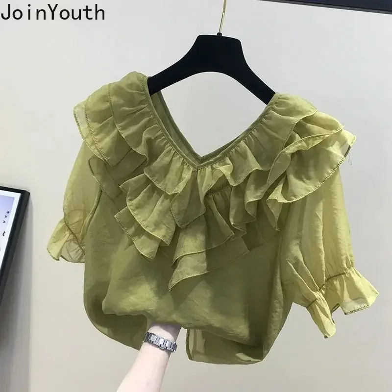 2024 Blusas Mujer De Moda Summer Blouses for Women Short Sleeve V-neck Korean Shirts Sweet Ruffles Chiffon Loose Blouse Tops