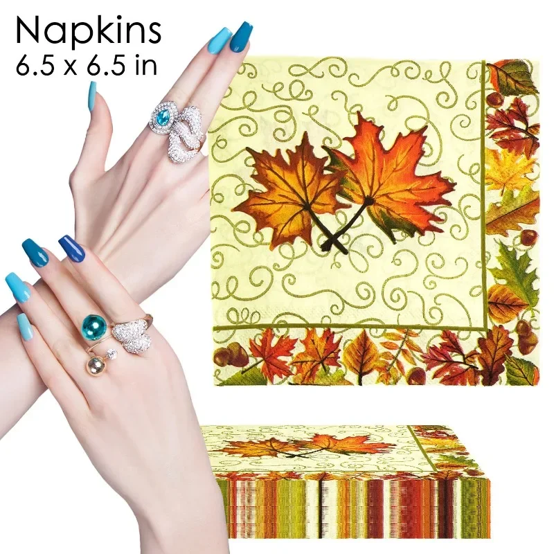 Serviettes imprimées de fête de Thanksgiving sur fond jaune, bordure de noix d'érable, papier papillon Sophia Bartlet bricolage, 33x33cm, 10 pièces, 20 pièces, Pac