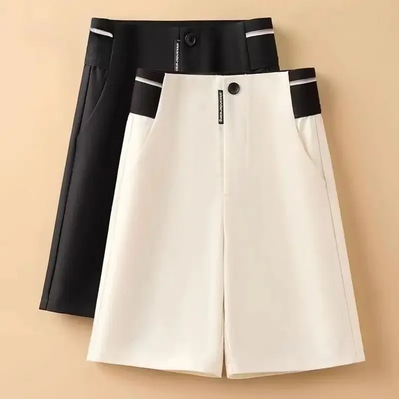 

Summer New Fashion Thin Suit Shorts Women's Solid Ice Silk Zipper Button Pockets Casual High Waisted Loose Straight Split Pants
