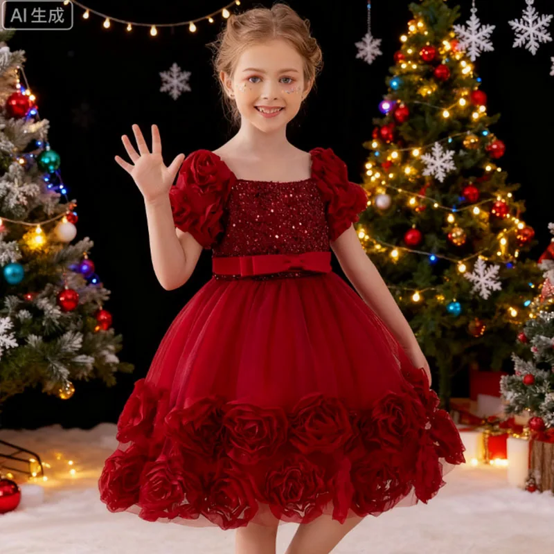 Weihnachten Party Elegantes Kleid Für Mädchen Puffy Pailletten Blume Prinzessin Kleid Kinder 1. Geburtstag Party Pageant Kleid Hochzeit Kleid