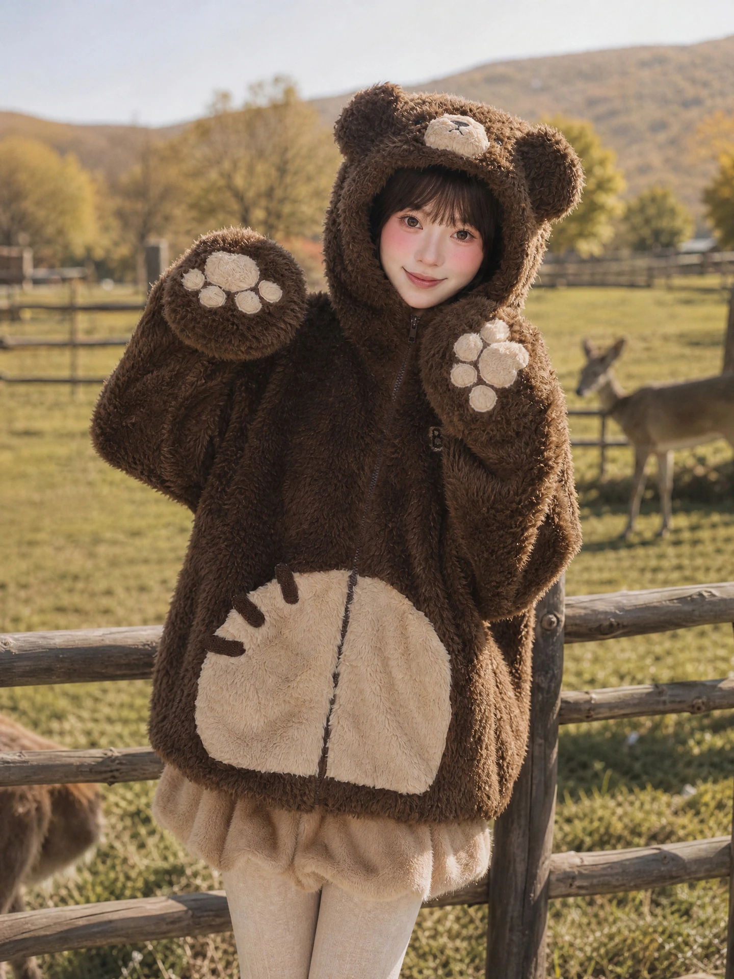 Warm Bear Hoodie Sweatshirt Women's New Style Design 3D Bear Coat Winter Thickened Polyester Fiber Long Sleeve Zipper Closure