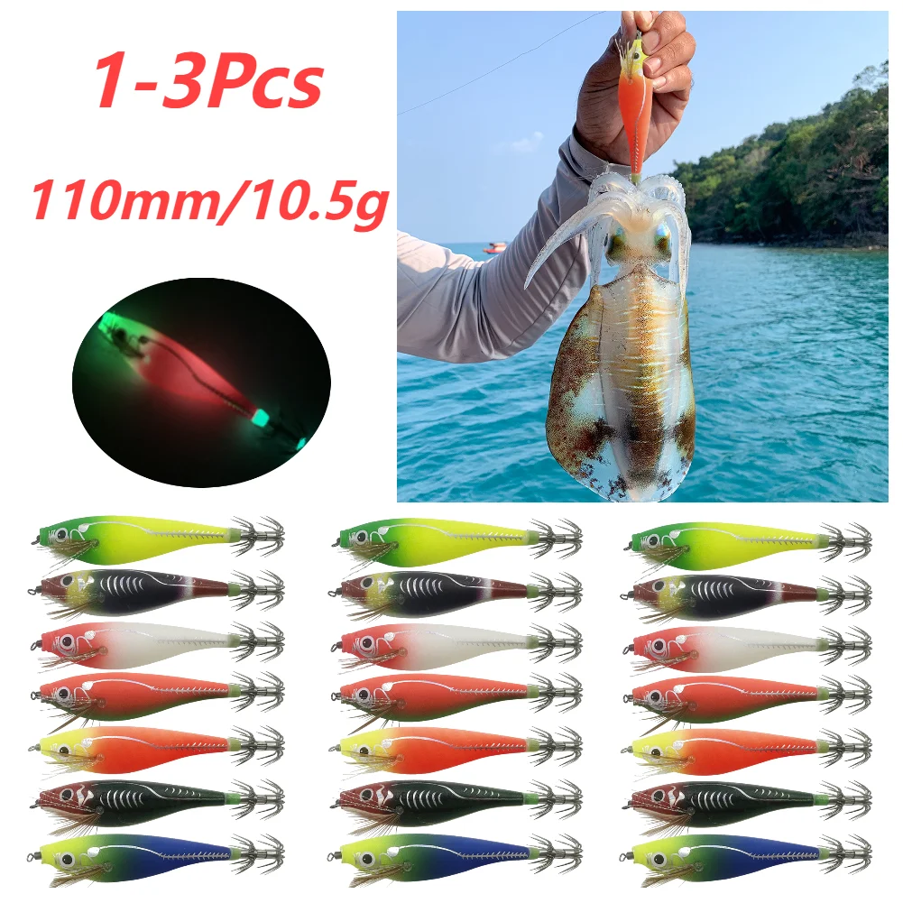 1-3 pçs 110mm 10.5g fluorescente isca de pesca embutido grânulo luminoso jigging isca brilho no escuro artificial lula gancho jigs enfrentar