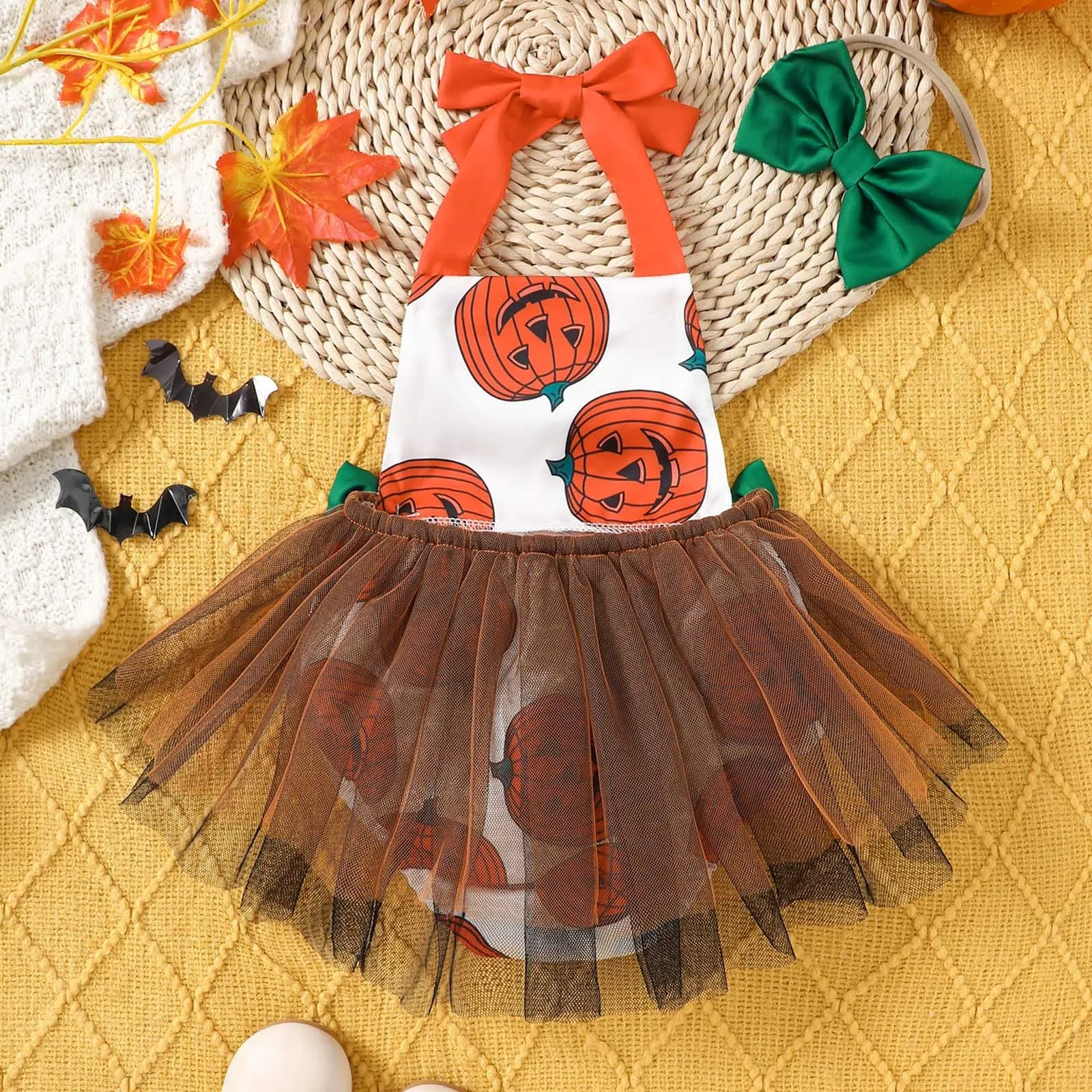 

Teens Matching Clothes Baby Clothes Autumn Fashion Comfortable Girls Halloween New Mesh Pumpkin Print Girl Clothes with Headband