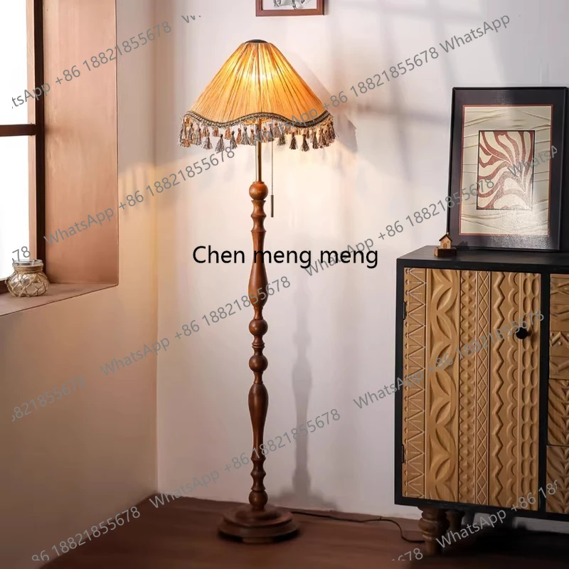 French creative retro solid wood floor lamp living room vertical wabi wind bedroom sofa edge advanced tassel floor lamp