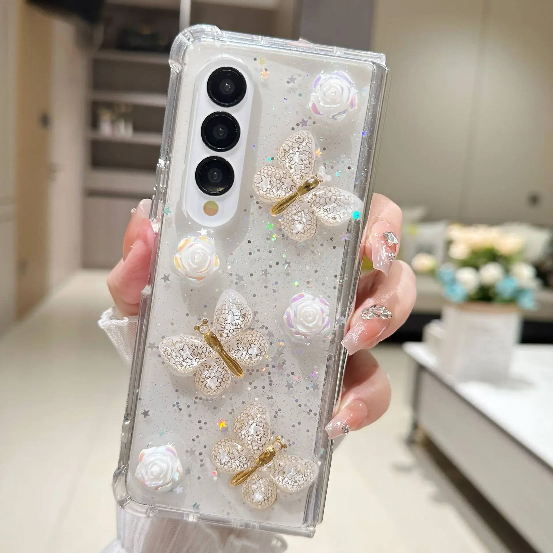 For Samsung Galaxy Z Fold 6 5 4 3 Case Pearl Butterfly Transparent Silicone Four Corner Shockproof Protective Cover Accessories