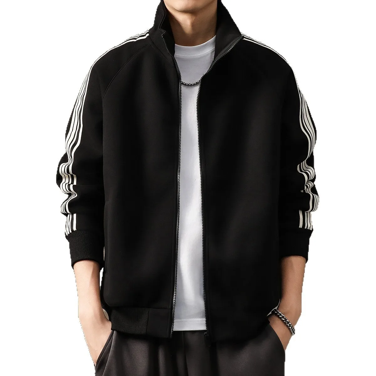 

Men's Faionable Spor Tee-Striped Baseball Jaet Autumn Winter Stand Collar Long Sve Polyester Outerwear Coat