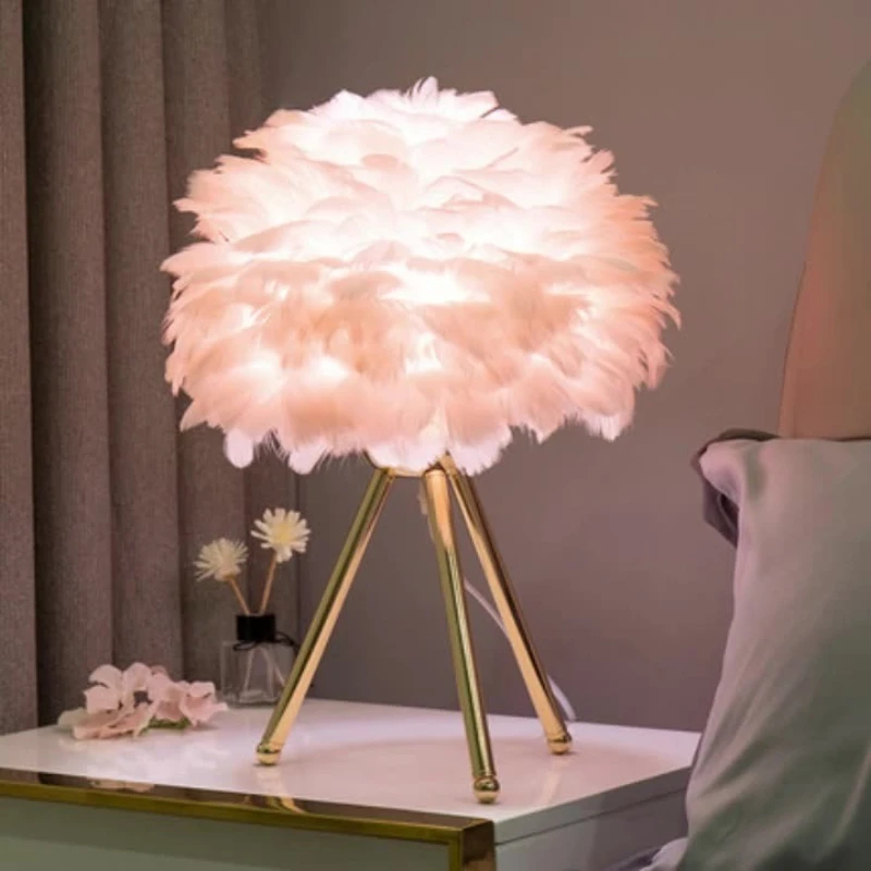 New Feather Table Lamp Ins Nordic Bedside Lamp Decorated Golden Triangle Bedroom Lamp Led Table Light