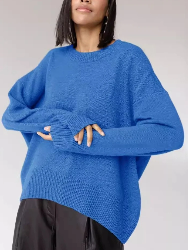 Autumn Winter Women's Loose Pullovers Round Neck Knitted Sweater Pure Color Fashion Fiber Long Sleeve Casual Comfortable Tops
