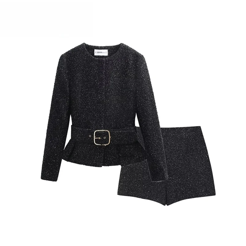 Women's Texture Suit Jacket with Belt And Skirt Pants High Waist Short Pants Long Sleeve European Style Fashion Set for Autumn