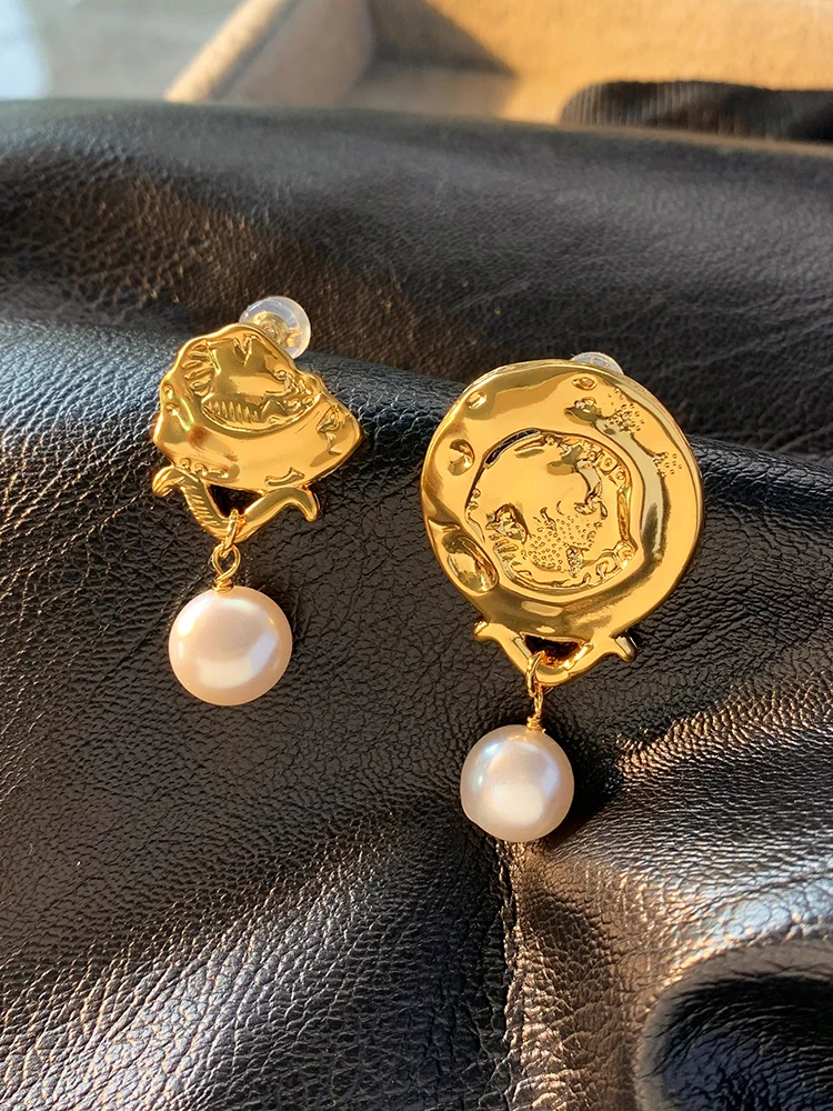 

Brass With 18K Gold Vintage Irregular Coins Natural Pearl Earrings Women Jewelry Punk Party T Show Gown Runway Korean Japan INS