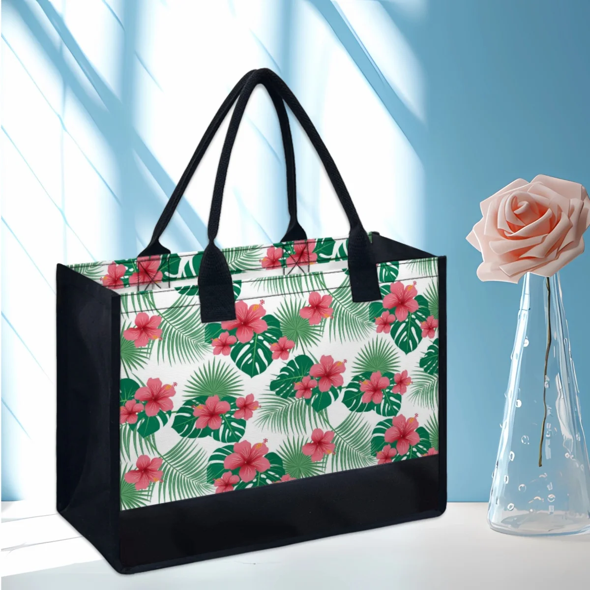 Tropical Hibiscus Flower Hawaiian Style Design Shoulder Bag Travel Outdoor Portable Canvas Shopping Bag Simple Casual Totes Gift